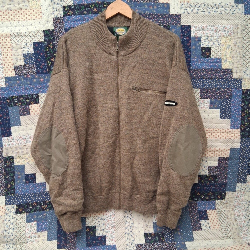 Cabelas Windstopper Wool Sweater Jacket Full Zip Elbow Patch Brown Mens L Reg
